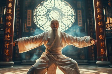 Old kung fu master in martial arts attire assumes a powerful stance in a temple