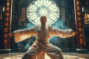 Türaufkleber Old kung fu master in martial arts attire assumes a powerful stance in a temple © iridescentstreet
