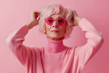Beauty portrait of beautiful senior woman with pink hair, wearing trendy sunglasses, retired stylish fashion model with cool vibrant look