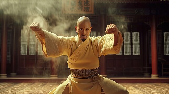 Skilled kung fu master strikes a powerful pose inside a traditional dojo, reflecting years of dedication and mastery in martial arts