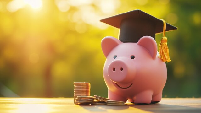 Piggy bank wearing a graduation cap with coins stacked beside it, symbolizing student loan or college fund