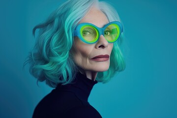 Studio portrait of beautiful senior woman with blue hair, wearing trendy neon green sunglasses, retired stylish fashion model with cool vibrant look