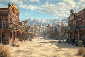 Wild West. Old western town with wooden buildings on the street