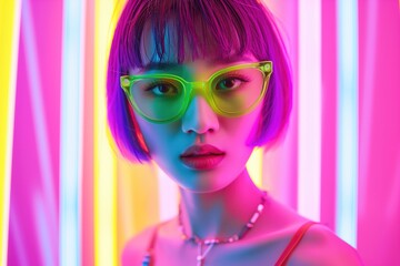 Fashion portrait of young asian woman wearing trendy neon green glasses, showcasing futuristic and stylish look, colorful neon tubes on background