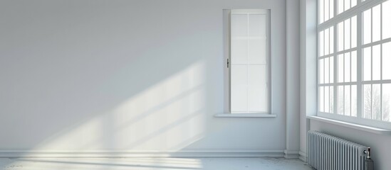 White wall in empty room at home with plastic window and radiator.