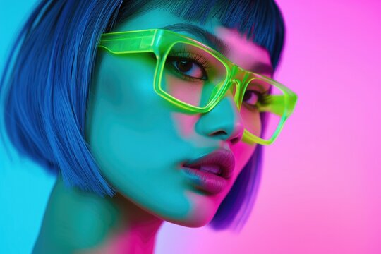 Fashion portrait of young asian woman wearing trendy neon green glasses, showcasing futuristic and stylish look