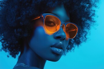 Fashion portrait of young beautiful african woman wearing trendy neon orange glasses, showcasing stylish look with afro hairstyle, isolated on blue background