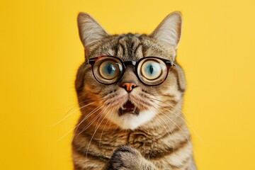 Studio portrait of shocked cat wearing glasses, isolated on yellow background - obrazy, fototapety, plakaty