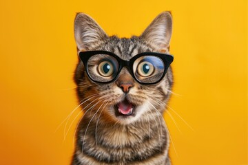 Studio portrait of shocked cat wearing glasses, isolated on yellow background