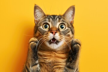 Studio portrait of shocked cat rising paws, isolated on yellow background