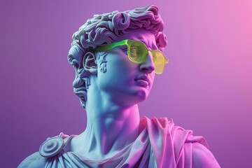 Antique greek statue wearing cool neon green sunglasses, blending ancient art with contemporary style