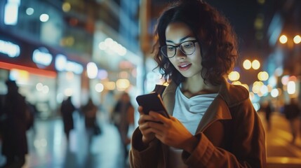 Night city scene, woman using mobile app on the phone under lights of street - obrazy, fototapety, plakaty