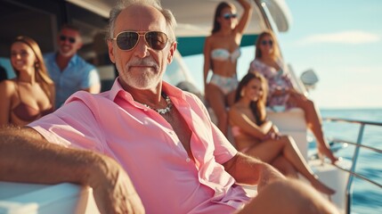 Wealthy senior man at luxury yacht party, oligarch lifestyle with glamorous women, billionaire summer cruise vacation - obrazy, fototapety, plakaty