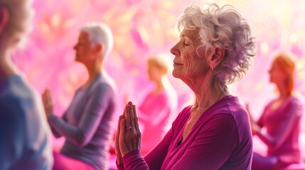 A woman adorned in magenta and violet clothing, her eyes closed in peaceful prayer, exudes a sense of divine connection and inner strength