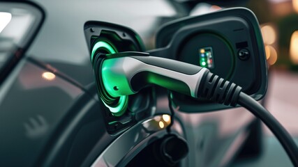 Electric vehicle charger with a glowing green charge indicator