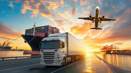 Global logistics with semi-truck, cargo ship docked at port and airplane illustrating freight transport and transportation