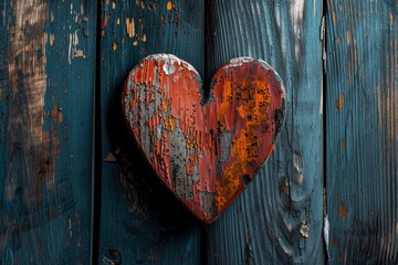 A weathered wooden door, its red paint faded and rusted, serves as the backdrop for a heart-shaped object that symbolizes love and nature in this outdoor scene