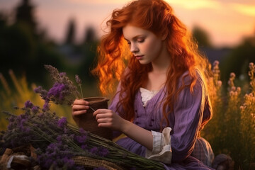 Naklejka premium Red haired girl healer collects lavender in the evening. Generative AI tools