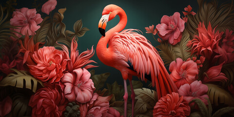 Vibrant flamingo among lush coral blooms, ideal for a bold and exotic wallpaper design - obrazy, fototapety, plakaty