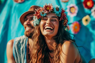 A joyful couple adorned in vibrant festival attire, basking in the outdoor music, as a woman with a floral crown and a beaming smile embraces her companion
