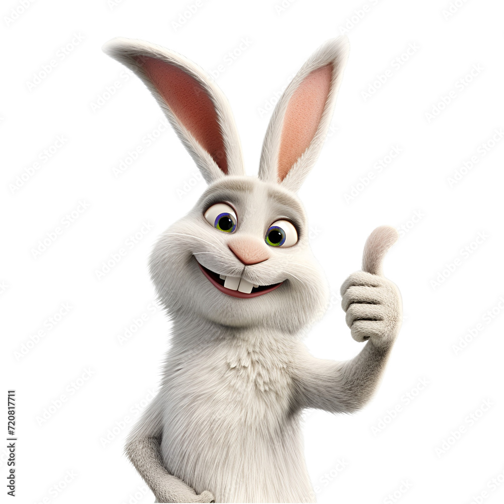 Wall mural happy easter bunny in 3d illustration: cartoon character with thumbs up in animation style, isolated