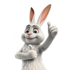 Thumbs Up from a Happy Cartoon Easter Bunny: 3D Illustration in Animation Style, Isolated on Transparent Background, PNG