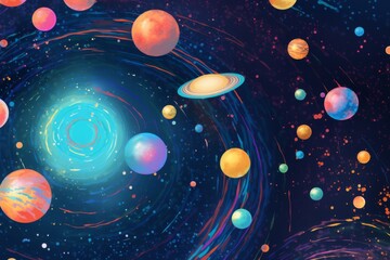 Graphic patterned background of orbits and celestial bodies,  a cosmic  palette to create a visually dynamic and educational atmosphere for overlays 