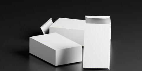 A Variety of Unsealed and Sealed Long Cardboard Packaging Boxes Mockup with a Black Background. mockup template for presenting your design ideas