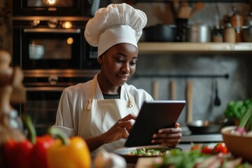 Young black african-american chef designing a menu in a restaurant kitchen.