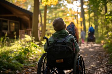 Person in wheelchair taking part in a summer hike in a park together with other people with disabilities.