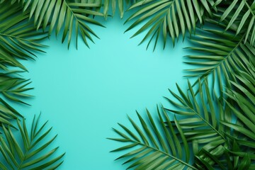 Fototapeta na wymiar Tropical Leaves on Color Background: Flat Lay AI Generated