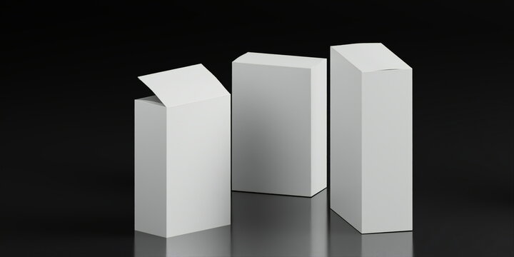 Different angles of wide rectangle white opened and closed box mockup on shinyblack background. 3D illustration mockup template ready for your design. 
