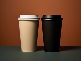 Mockup of two paper coffee cups on dark background. 3d rendering Generative AI