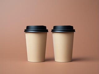 Two paper coffee cups on a brown background. 3d rendering. Generative AI