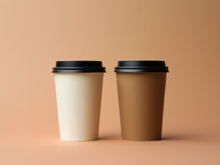 Two paper coffee cups with black cap isolated on orange background. 3d render Generative AI