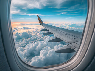 Fototapeta premium The photo captures a tranquil scene of fluffy clouds and a warm sunset sky as seen through the airplanes window, indicating a peaceful journey above the clouds