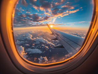 The image captures the stunning view of a sunset from the perspective of a passenger looking out the airplane window, with the wing in clear focus against a backdrop of clouds