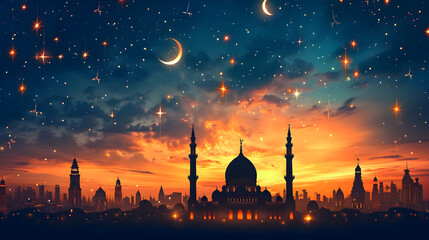 The dramatic twilight skyline showcases an impressive array of Islamic architectural silhouettes against a starry sky with a crescent moon - obrazy, fototapety, plakaty