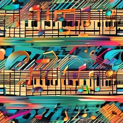 Abstract representation of music notes and instruments in vibrant colors Energetic and dynamic...