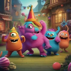 Quirky and whimsical monster characters engaging in a dance party Playful and imaginative illustration for childrens products or character design3