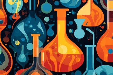 Graphic patterned background of repeating flasks and bubbling reactions, featuring a vibrant and contrasting color scheme to provide a visually stimulating and modern canvas for educational designs
