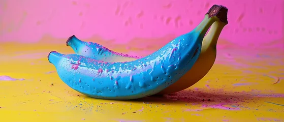 Rolgordijnen One neon banana by artefakto, on a yellow background, in the style of light azure and pink © DigitalMuseCreations