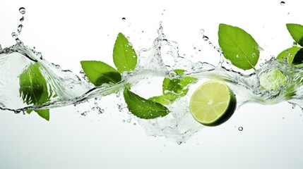 Fresh lime and mint with water splash isolated on white background. 3d illustration Generative AI