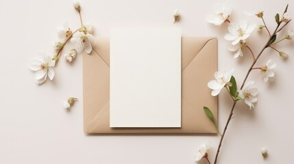 Blank greeting card mockup with envelope and spring flowers. Flat lay, top view Generative AI