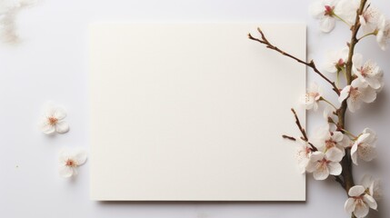 Blank greeting card mockup with cherry blossoms on white background Generative AI