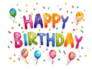 Colorful 'Happy Birthday' Typography on a white Background with Balloons and Confetti. Template for a Birthday Card