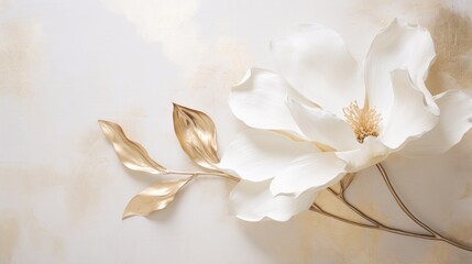 White magnolia flowers on a beige background with gold elements. Generative AI - obrazy, fototapety, plakaty
