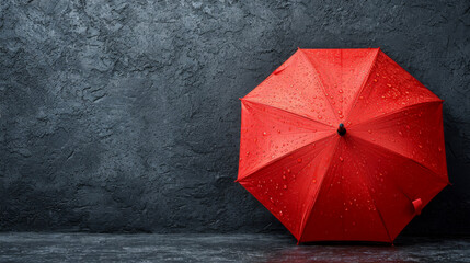 Red Umbrella on Wet Floor with Copy Space