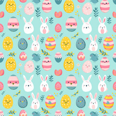 Happy Easter seamless pattern. Hand drah Easter background with colorful eggs and Easter bunnies. High resolution for your wallpapers and printables. Generative AI