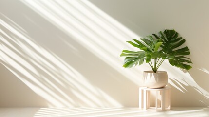 Creative interior design with monstera plant in vase on white wall background. 3d render Generative AI